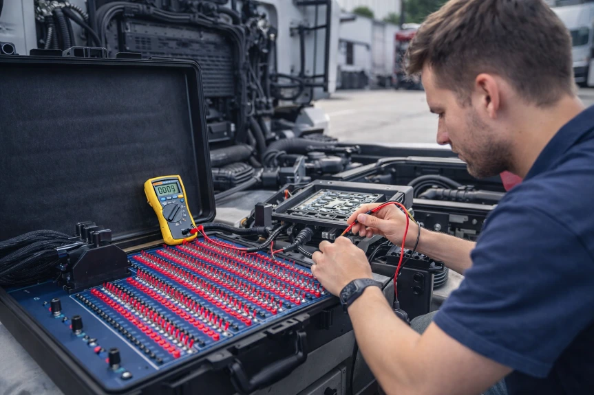 Technician using Breakoutbox diagnostic equipment on a live vehicle